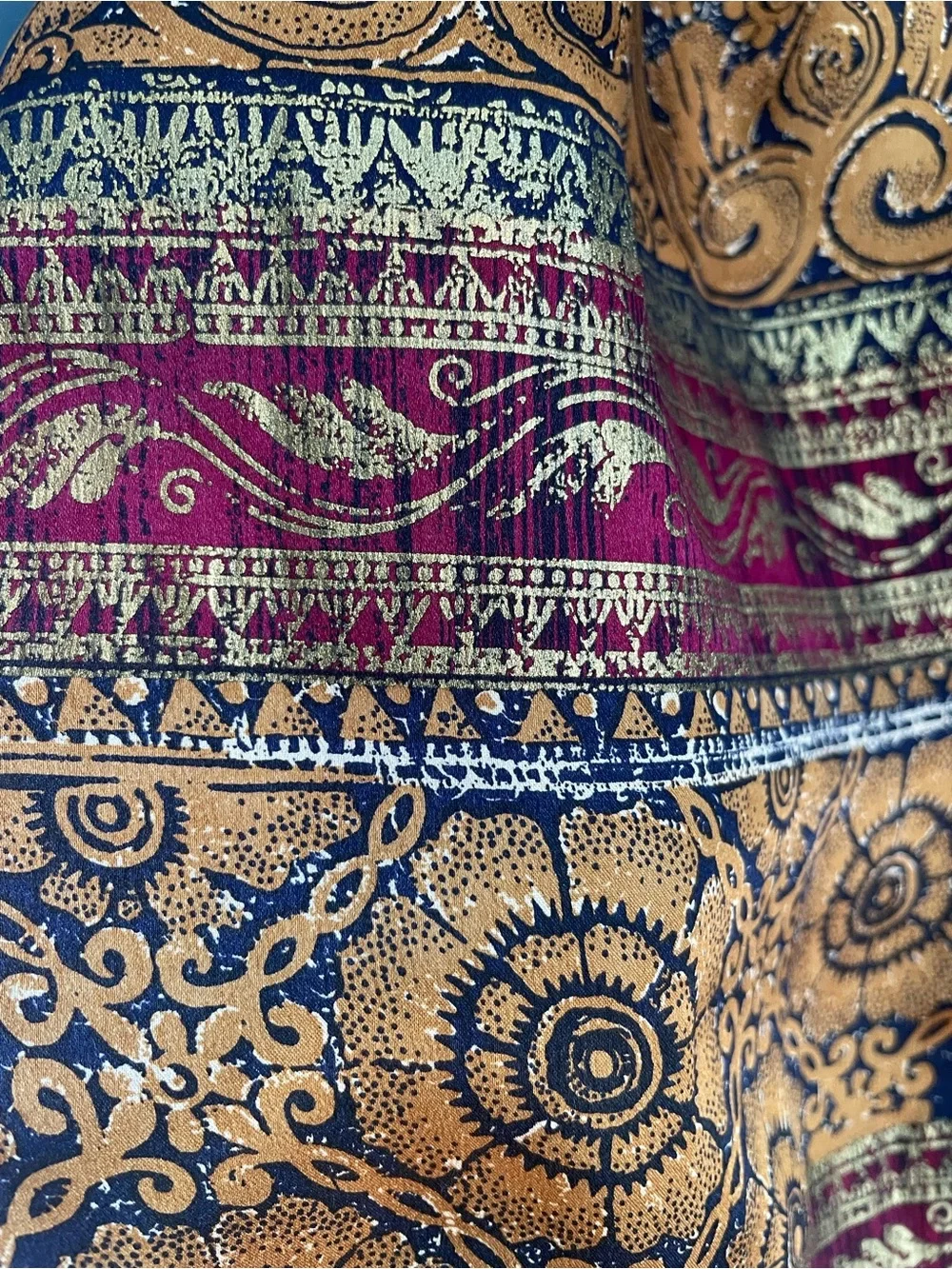 Vintage ECHO Silk Scarf Ornate Ethnic Tapestry Print Gold Burgundy Navy Blue
